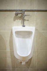 Wall mounted white ceramic toilet in brown tiled bathroom