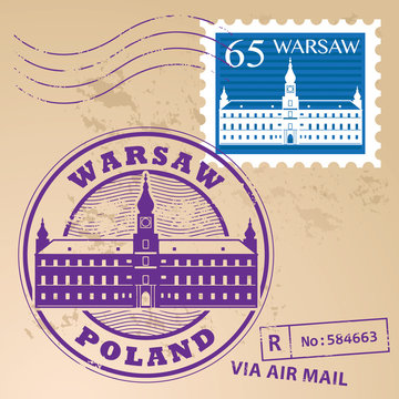 Stamp set with words Warsaw, Poland inside, vector