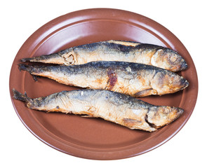 fried sprat on ceramic plate