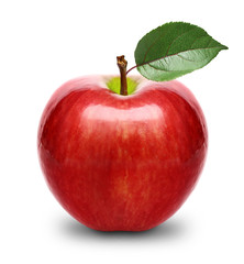 Red apple fruit with leaf isolated