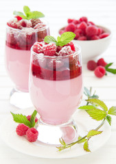 Raspberry dessert panna cotta, selective focus.