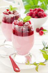 Raspberry dessert panna cotta, selective focus.