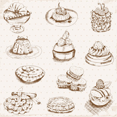Set of Cakes, Sweets and Desserts - hand drawn in vector