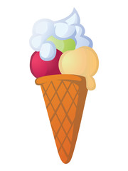 Cone with vanilla, strawberry and pistachio ice cream.