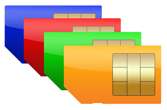 Vier SIM Karten, Orange, Gr&uuml;n, Rot, Blau, Vektor