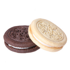 oreo. chocolate and vanilla cookies with creme filing isolated