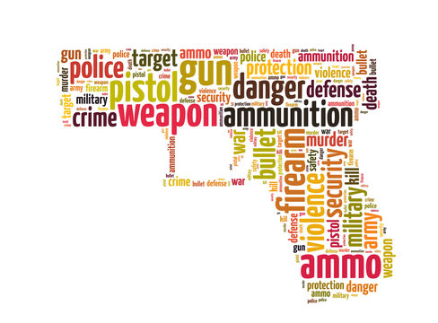 Words illustration of a pistol in white background.