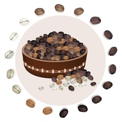 Various Kind of Coffee Beans in A Bucket