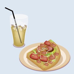 Delicious Sliced Pizza on Dish with Lemon Iced Tea