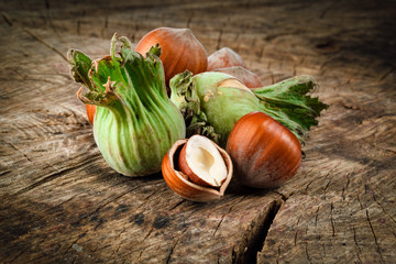 Organic hazelnut on wooden table