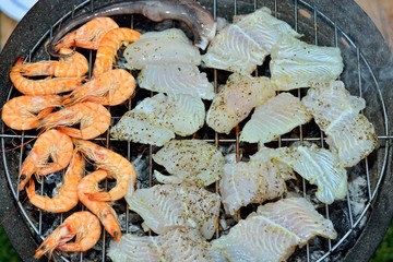 Grilled seafood on the barbecue.