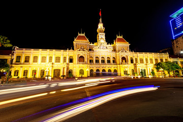 Night scene at the City Hall of Ho Chi Minh City in Vietnam.