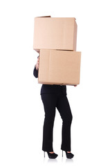 Woman with lots of boxes on white