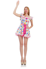 Model wearing fashionable clothing on white