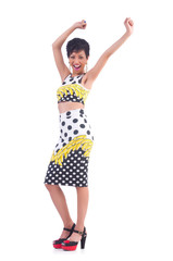 Model wearing fashionable clothing on white