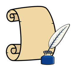 Parchment with Quill and Inkstand - Cartoon Vector Illustration