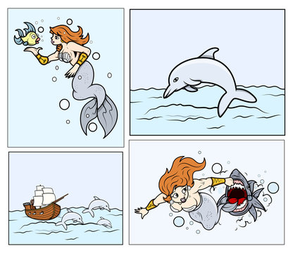 Dolphin and Mermaid Backgrounds - Cartoon Vector Illustration