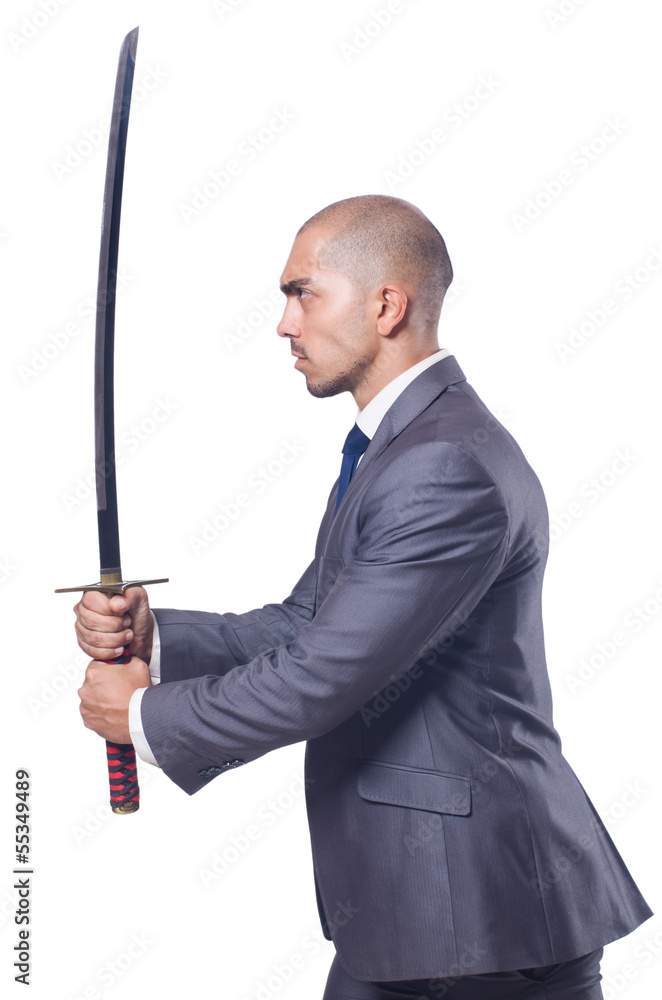 Wall mural businessman with sword isolated on white