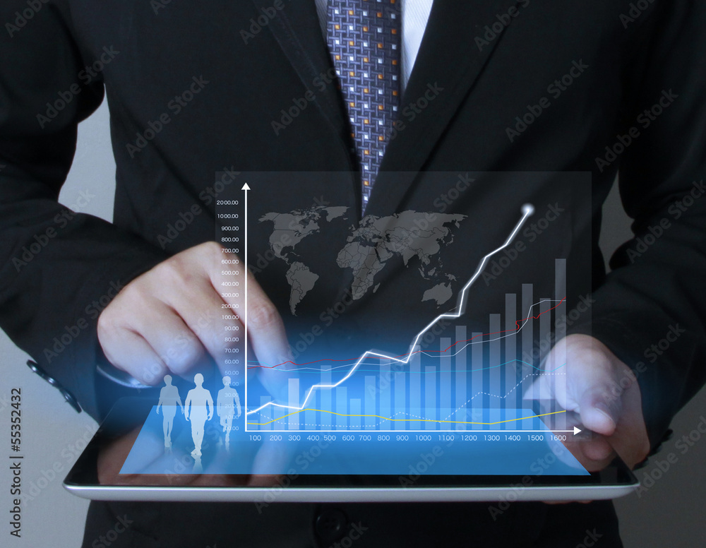 Poster touch screen graph on tablet in hands ..