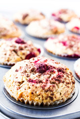 Berry muffins with chocolate sprinkles in baking tray. Closeup.