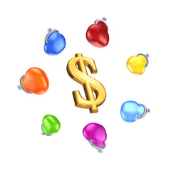 Colorful purses around sign of dollar.