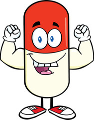 Pill Capsule Cartoon Mascot Character Showing Muscle Arms