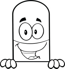 Black And White Pill Capsule Cartoon Character Over Blank Sign