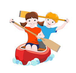 two children on red canoe