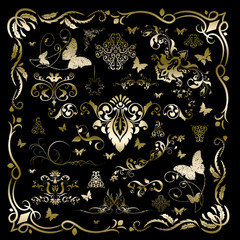 Vintage floral elements, ornament frames and gold flourishes