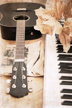 Guitar and piano Keyes, autumn mood, artwork  in vintage style,