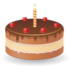 chocolate cake with cherries and burning candle vector illustrat