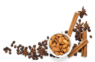 Almond nuts with coffee beans and spices