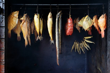 Marine fish from smokehouse is a great source of omega 3 - obrazy, fototapety, plakaty