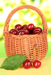 Fototapeta na wymiar Cherry berries in wicker basket on table on bright background