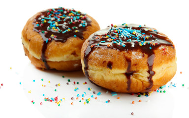 Tasty donuts with chocolate, isolated on white