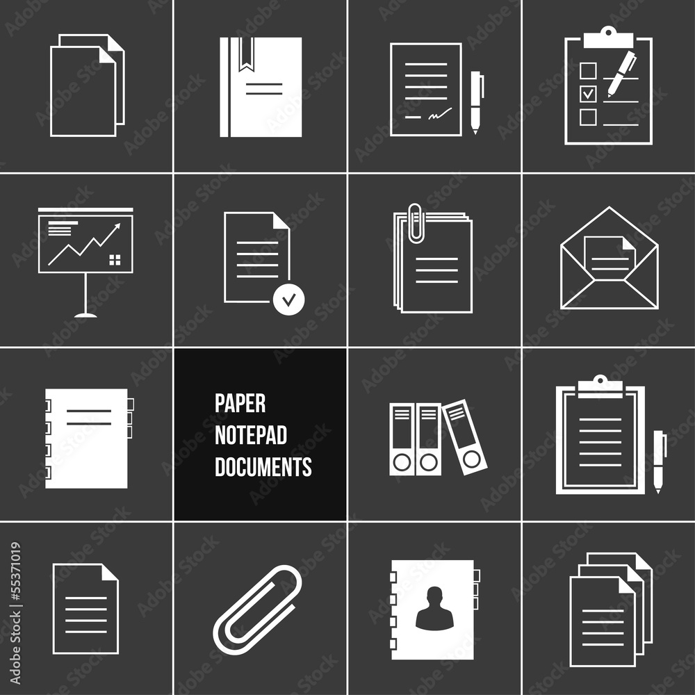 Poster vector notepad paper documents icons set