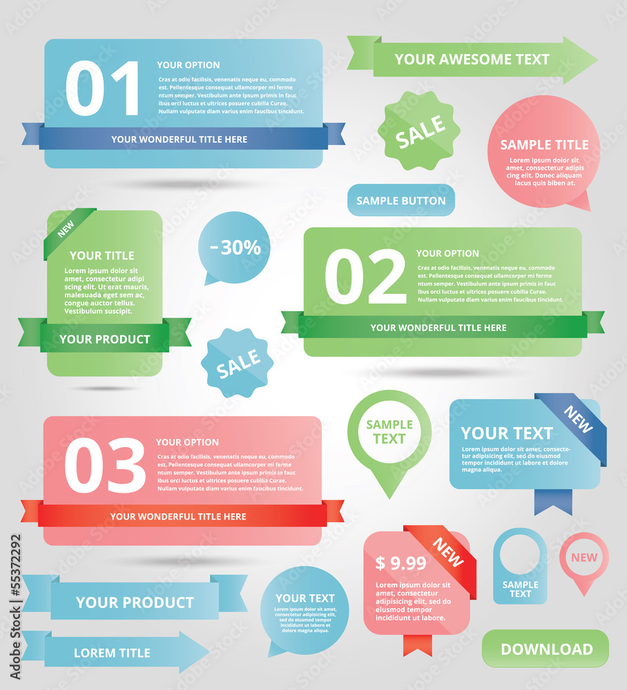 Poster web elements buttons banners ribbons labels and text boxes