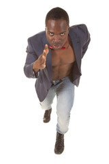 man running bowtie jacket and no shirt
