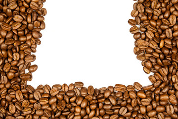 Coffee Border.  brown coffee beans isolated on white background.