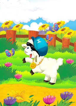 Cartoon illustration with sheep on the farm