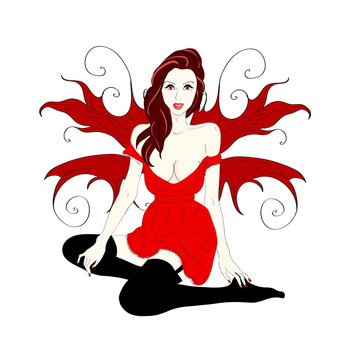 picture of red angel in stockings over white
