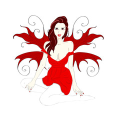 girl with wings in a short red dress