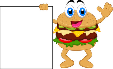 burger cartoon characters with blank sign