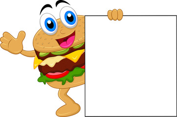 burger cartoon characters with blank sign