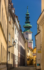 Obraz premium A street in Bratislava old town, with view on Michael Gate