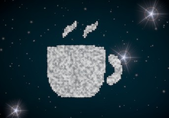 Fototapeta na wymiar 3d graphic of a tea coffee symbol glittering on night sky