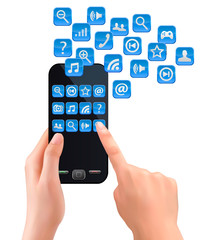 Hands holding mobile phone with icons. Vector.