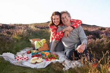 Senior Couple Having Picnic On Countryside Walk