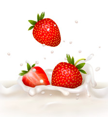 Red strawberry fruits falling into the milky splash. Vector illu