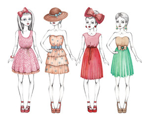 Fashion girls illustration. Line art and watercolor
